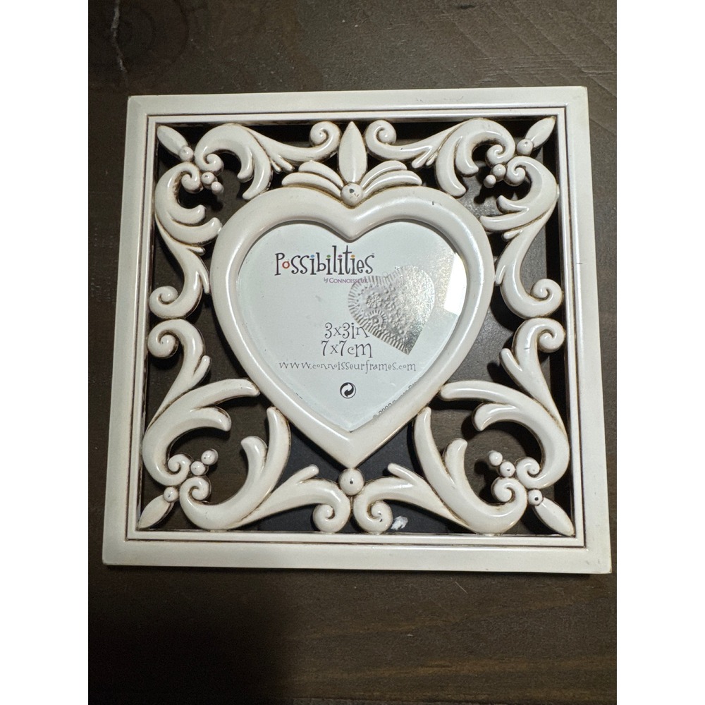 Possibilities by Connoisseur Cream Heart Scrollwork 3x3 Photo Frame 18238BED